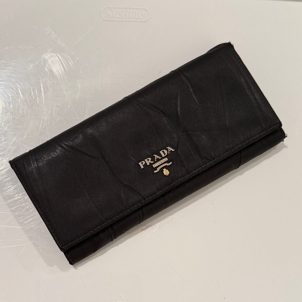 Prada Black Nylon Pleated Double Snap Long Wallet EUC